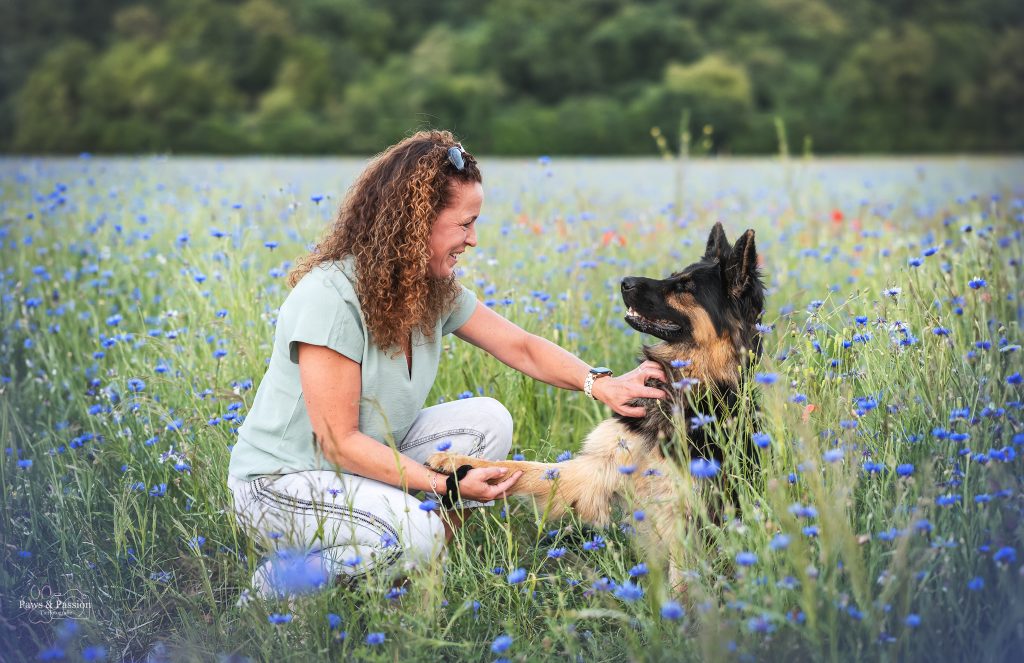 Das Bild zeigt eine Frau, die einen Schäferhund am Hals krault